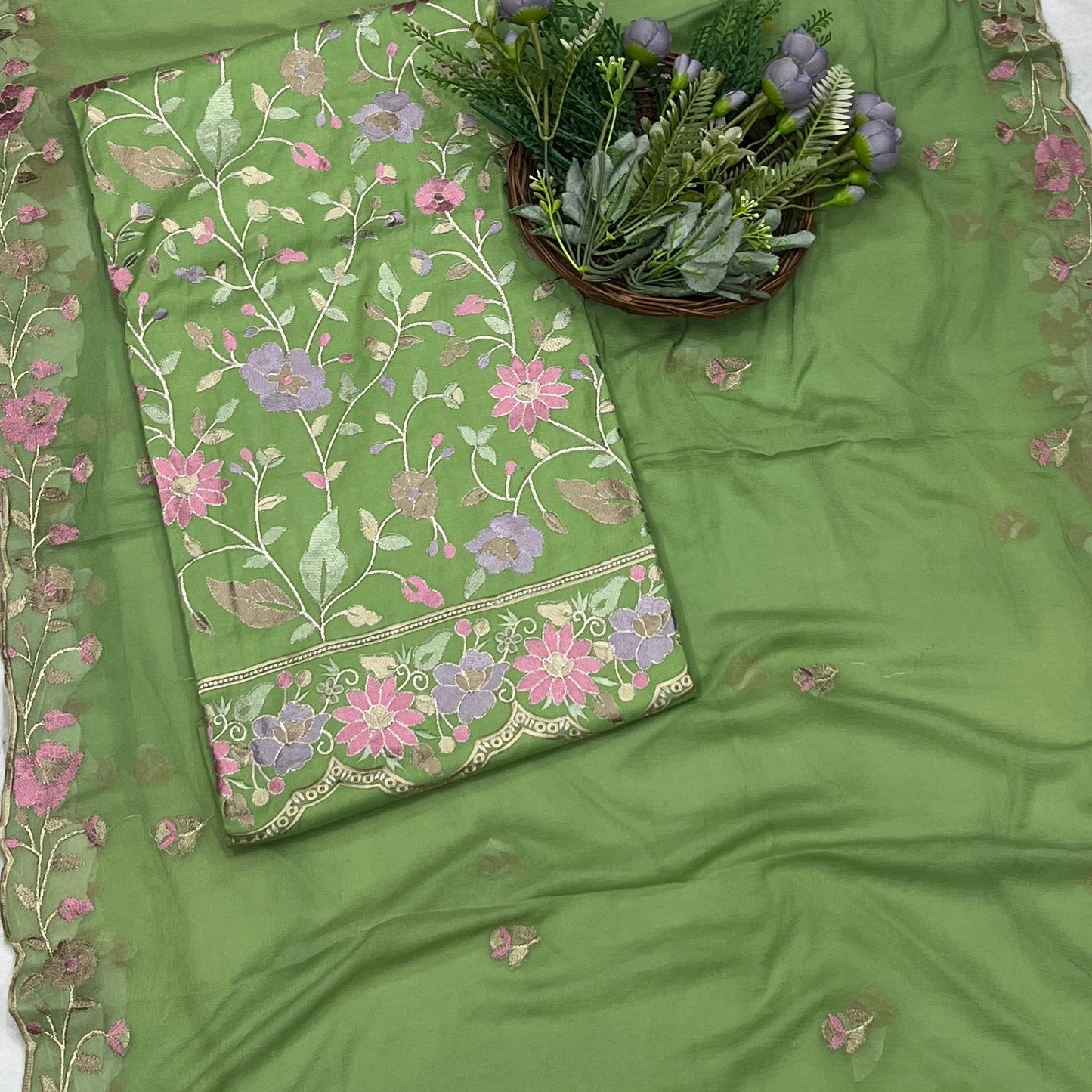 82C Rayon Aari Green Suit Fabric / CKC Cotton Bazaar