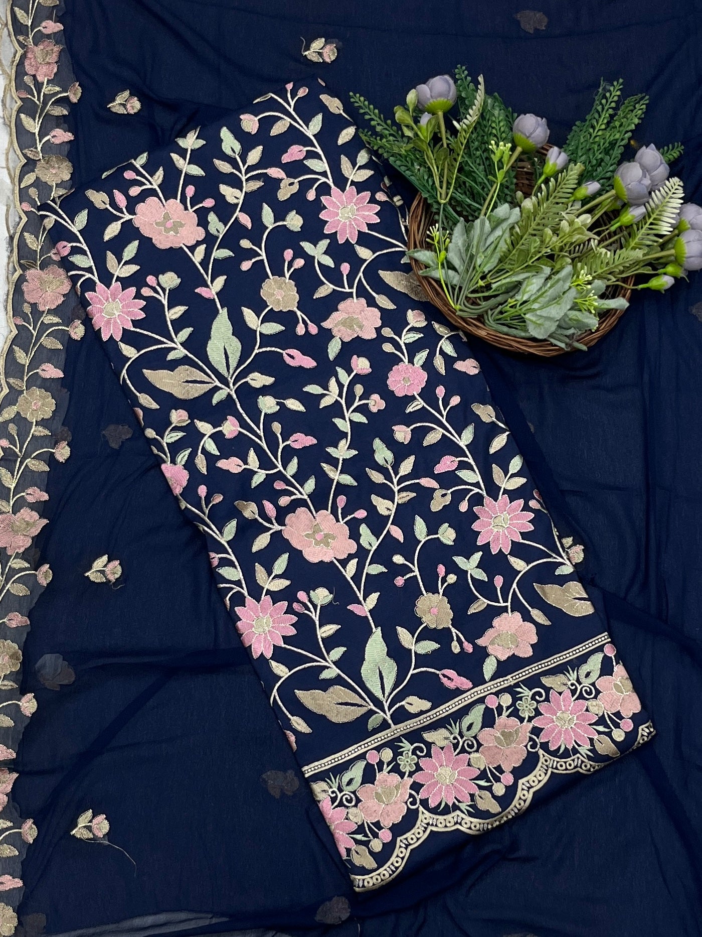 83C Rayon Aari Navy Blue Suit Fabric / CKC Cotton Bazaar