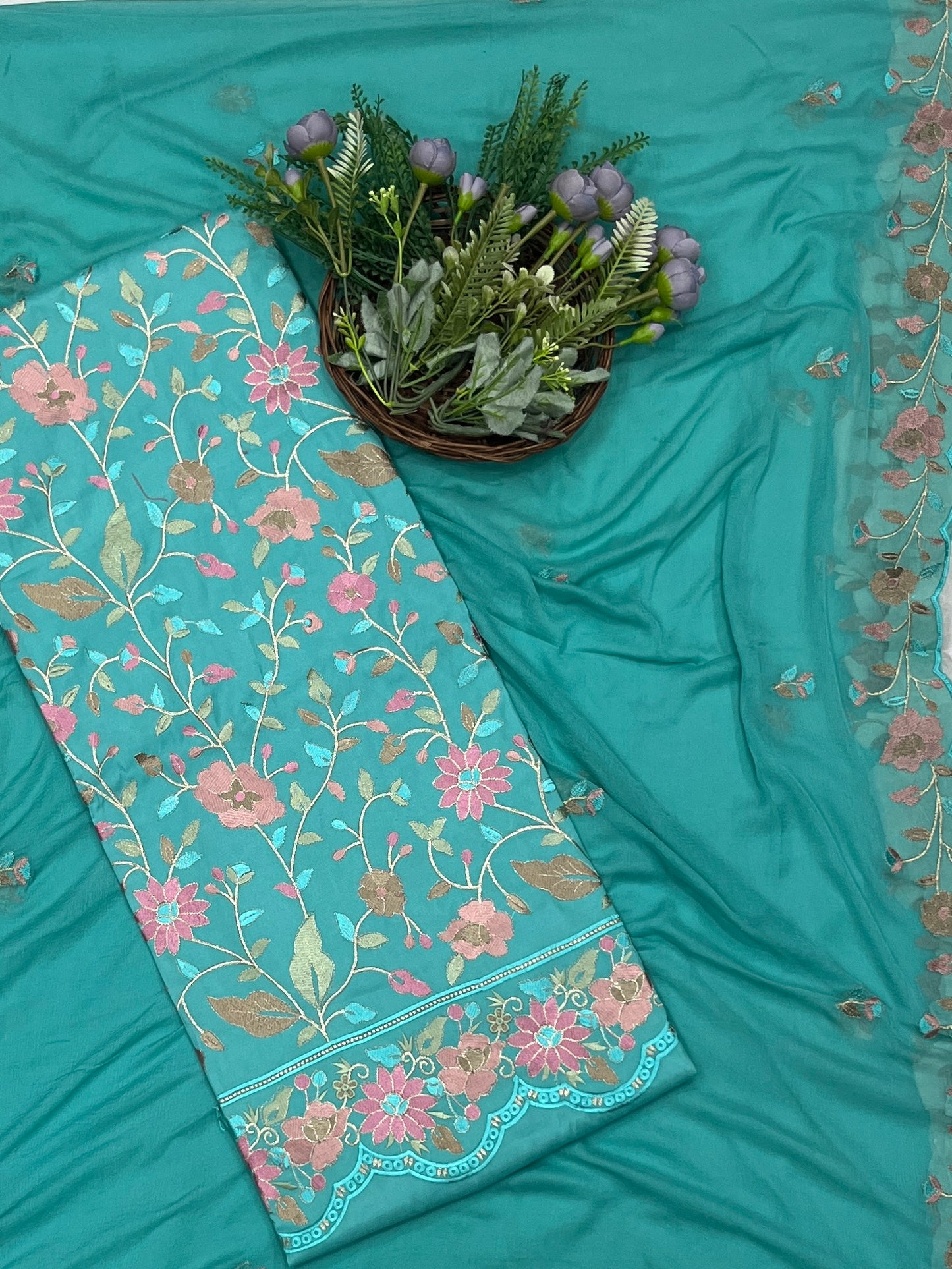 84C Rayon Aari Sea Blue  Suit Fabric / CKC Cotton Bazaar