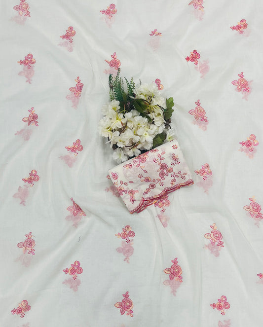 3A Cotton White With Pink Suit Fabric / CKC Cotton Bazaar