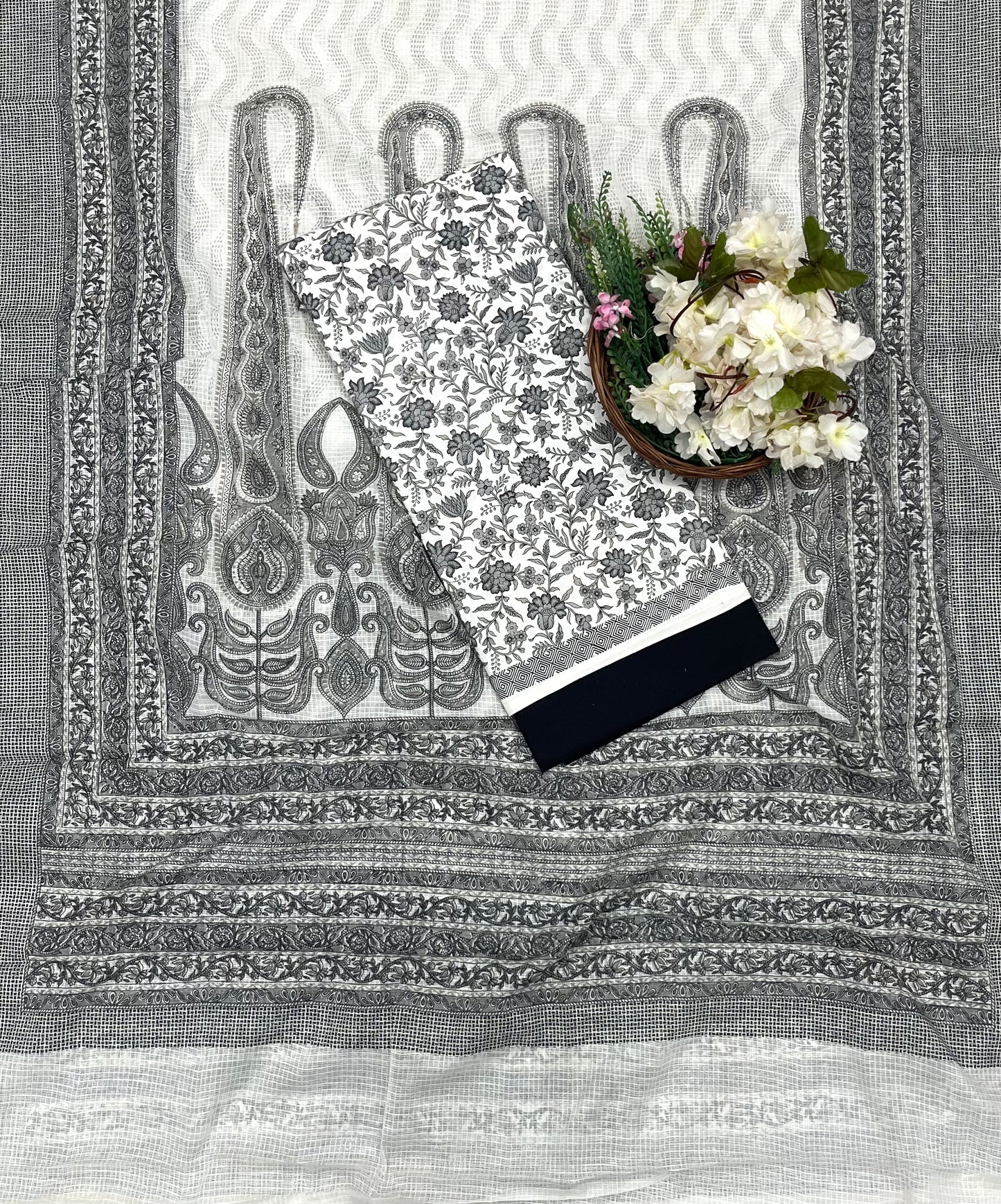 974 Cotton White With Black Suit Fabric / CKC Cotton Bazaar