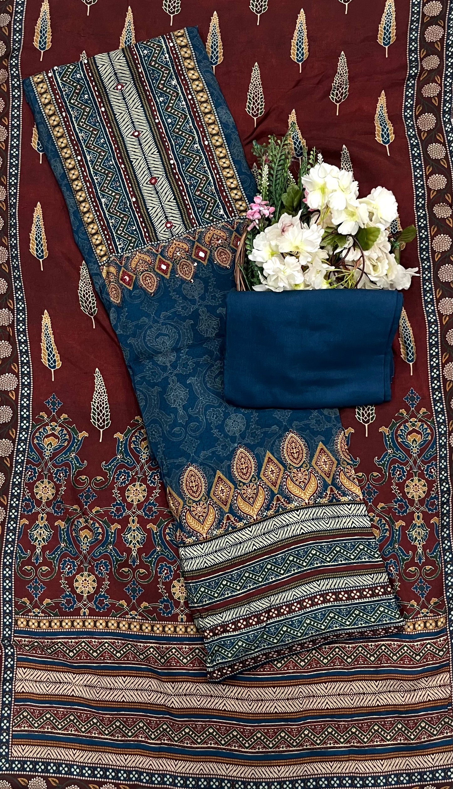 981 Modal Dark Blue With Dark Red  Suit Fabric / CKC Muslin Suits