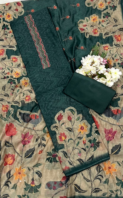 971 Mul Chanderi Teal Green Suit Fabric/ CKC Mul Cotton