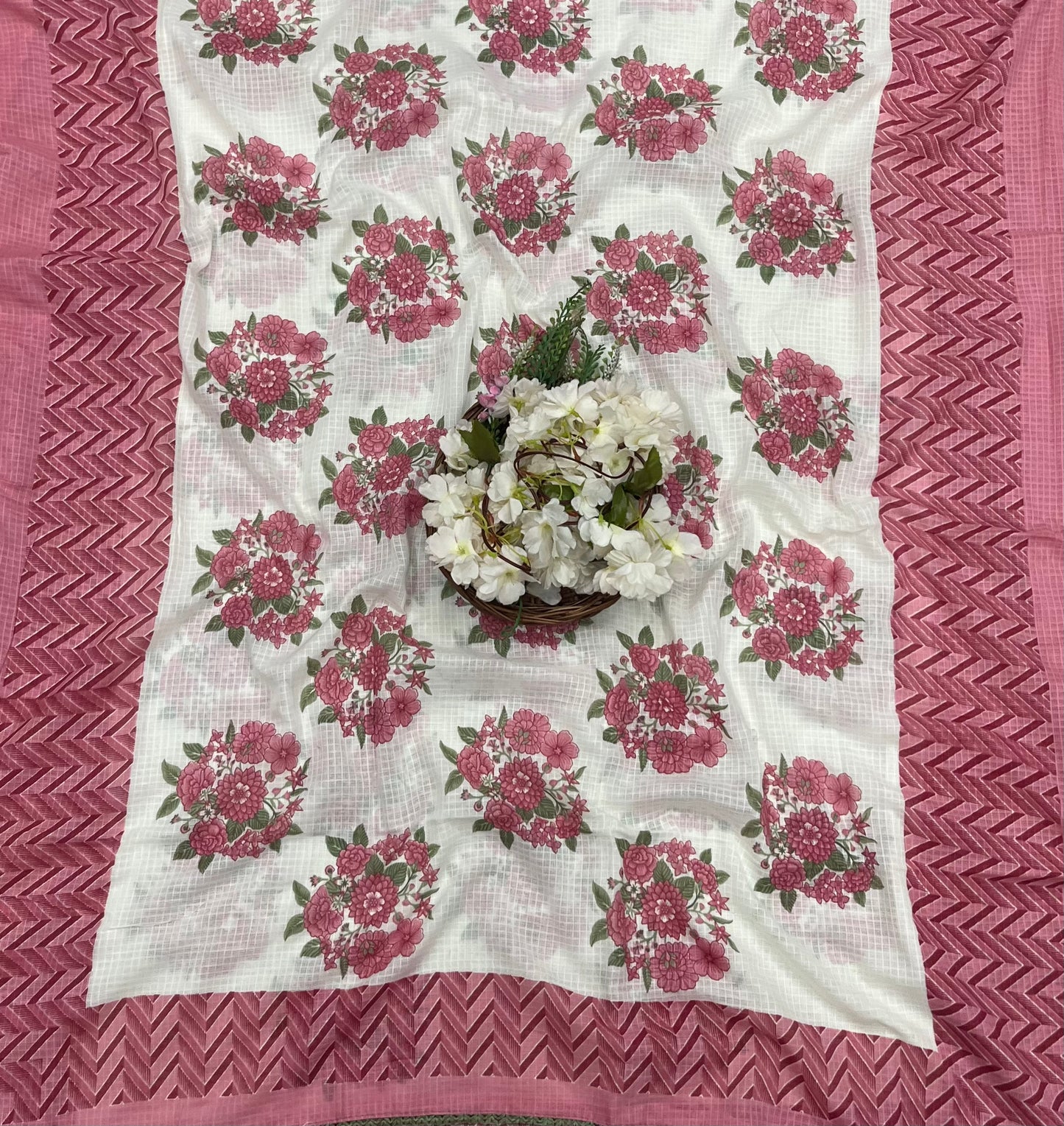 55A Cotton White With Pink Suit Fabric / CKC Cotton Bazaar