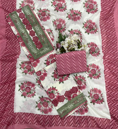 55A Cotton White With Pink Suit Fabric / CKC Cotton Bazaar