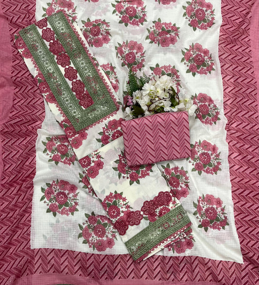 55A Cotton White With Pink Suit Fabric / CKC Cotton Bazaar