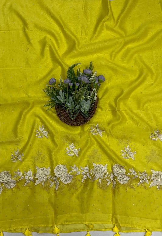 168C Mul Jamdani Lemon Yellow suit Fabric / CKC Mul Cotton
