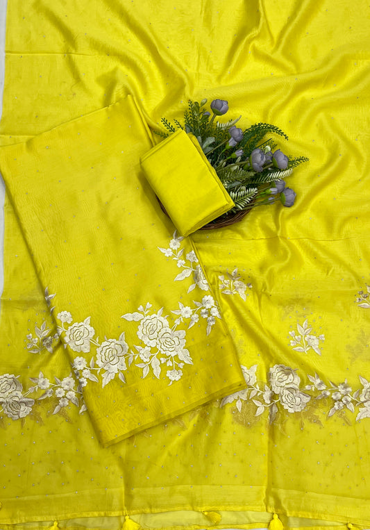 168C Mul Jamdani Lemon Yellow suit Fabric / CKC Mul Cotton