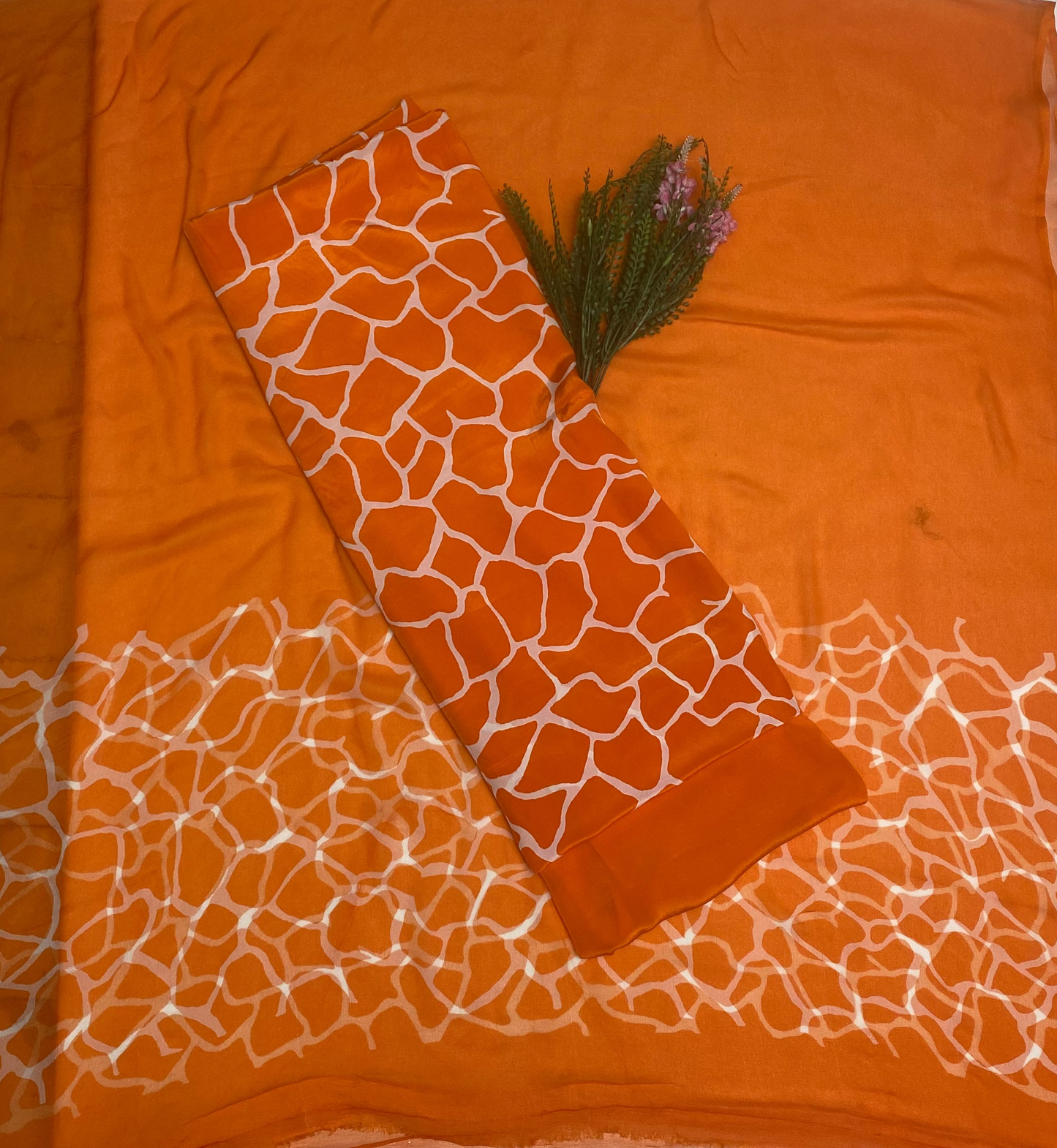 Crepe Orange With White Suit Fabric / Phoolon Ka Ghar