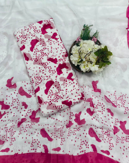 148A Georgette White With Dark Pink Suit Fabric / CKC Georgette Suits