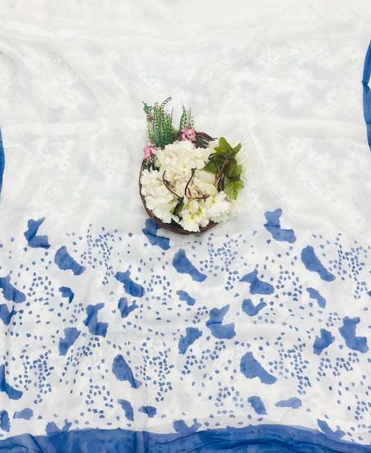 147A Georgette White With Blue  Suit Fabric / CKC Georgette Suits
