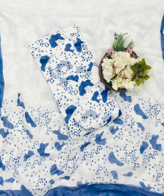 147A Georgette White With Blue  Suit Fabric / CKC Georgette Suits