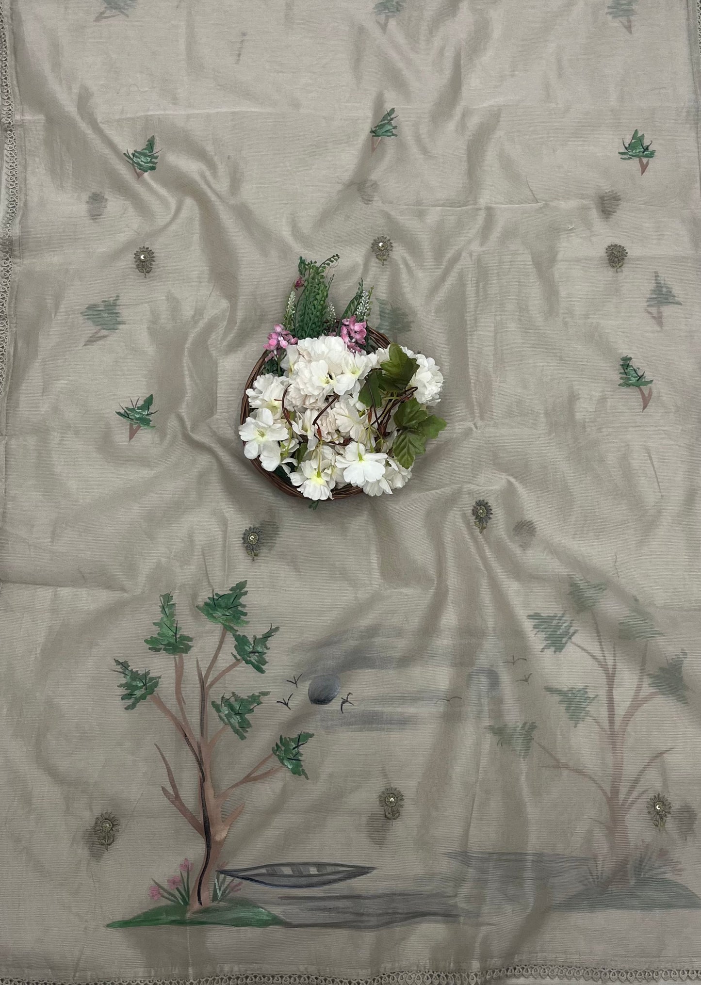 479A Kotta Doria Beige With Green  Suit Fabric/ CKC Mul Cotton