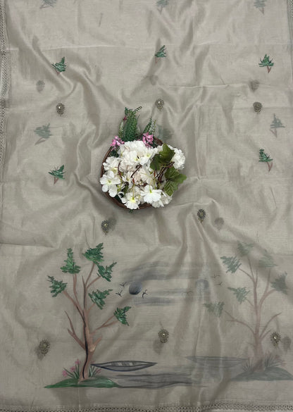 479A Kotta Doria Beige With Green  Suit Fabric/ CKC Mul Cotton