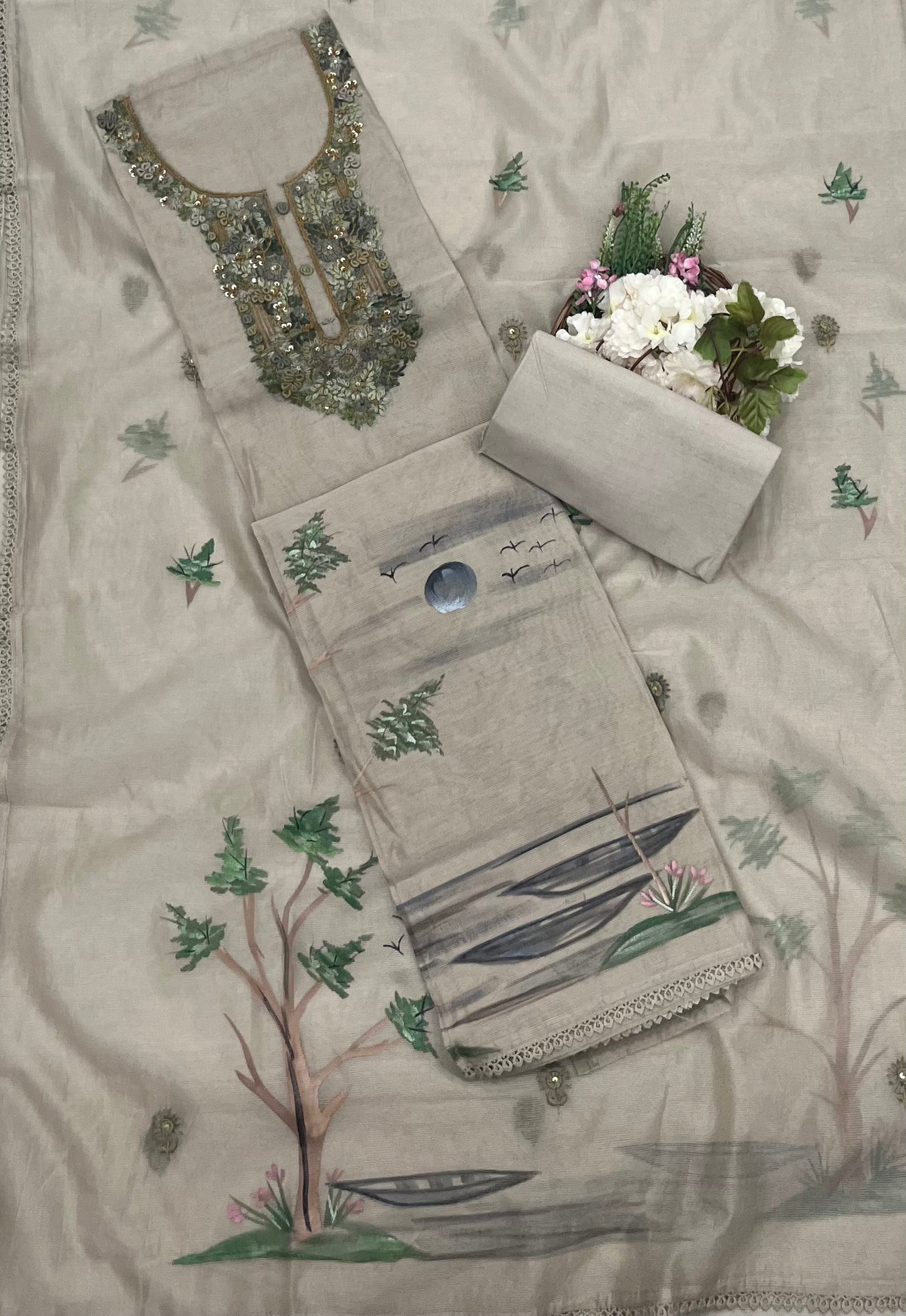 479A Kotta Doria Beige With Green  Suit Fabric/ CKC Mul Cotton