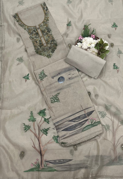 479A Kotta Doria Beige With Green  Suit Fabric/ CKC Mul Cotton