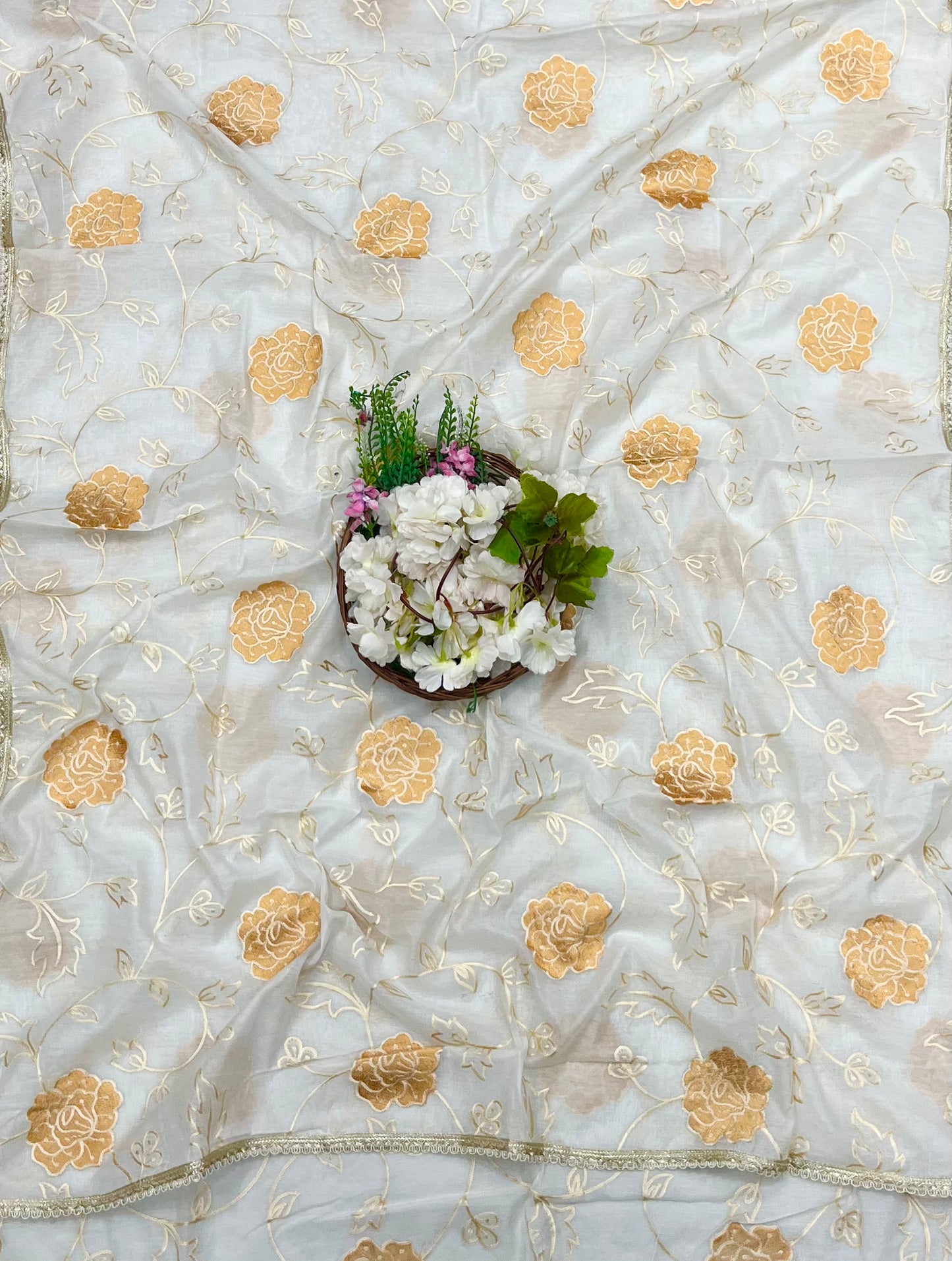 113A Mul Chanderi White With Golden Suit Fabric/ CKC Mul Cotton