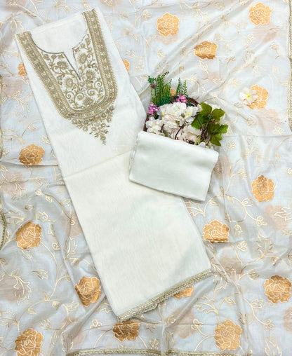 113A Mul Chanderi White With Golden Suit Fabric/ CKC Mul Cotton