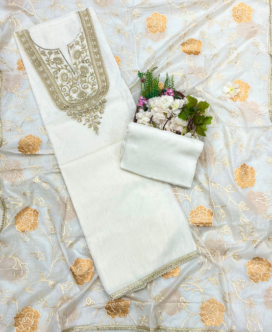 113A Mul Chanderi White With Golden Suit Fabric/ CKC Mul Cotton