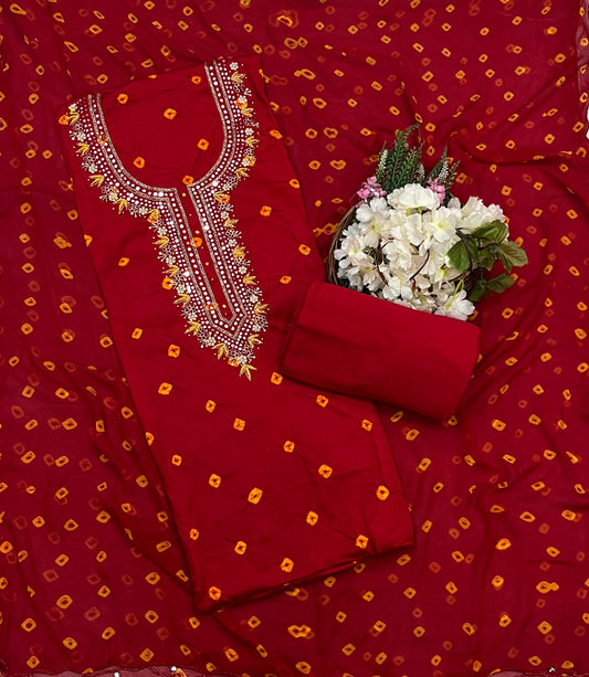 185A Jaipuri Cotton Red Suit Fabric / CKC Jaipuri Suits