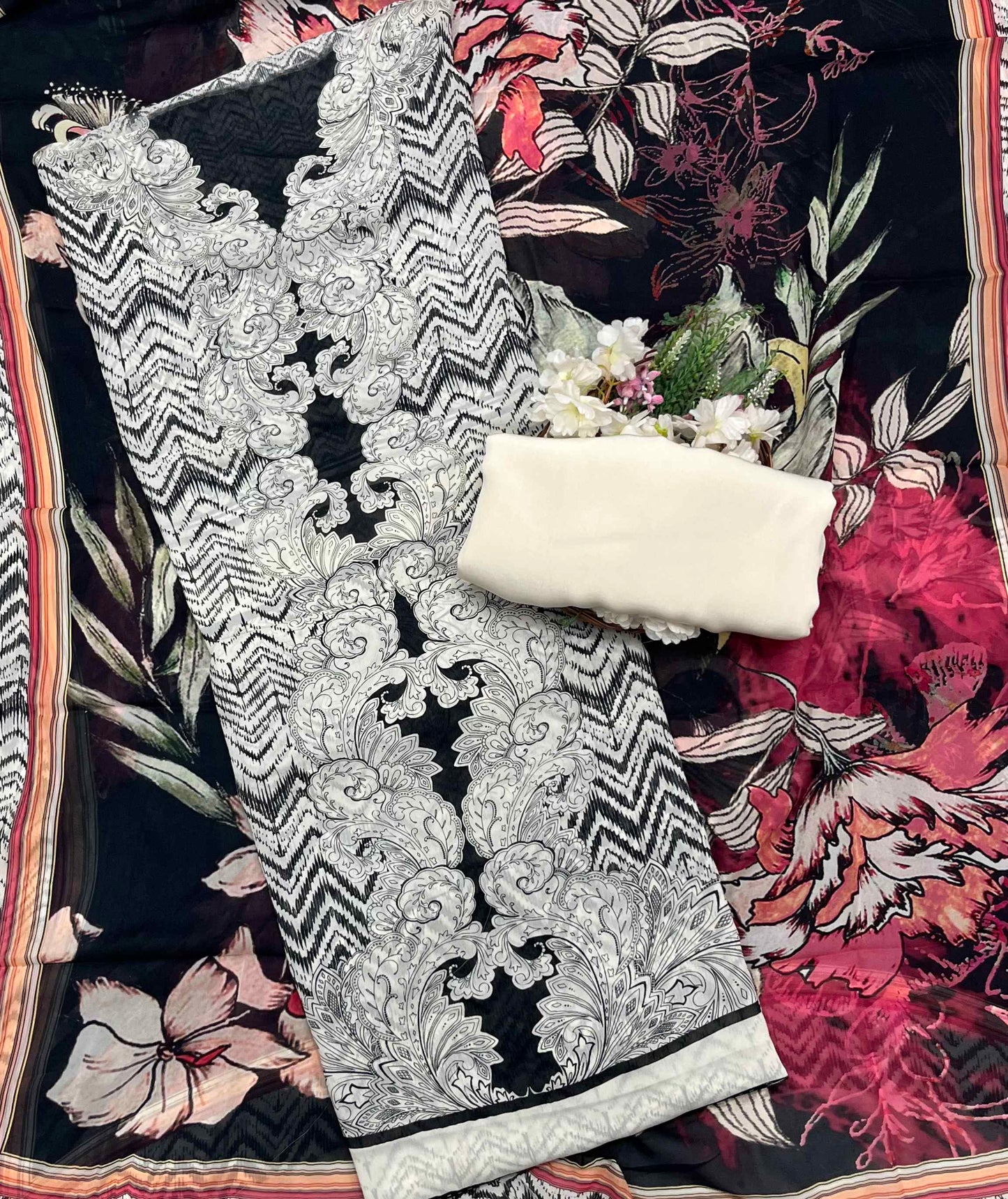 274A Georgette Black And Cream Suit Fabric / CKC Georgette Suits