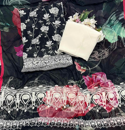 278A Georgette Black And Cream Suit Fabric / CKC Georgette Suits