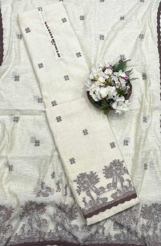 282A Mul Jamdani Beige With Brown Suit Fabric / CKC Jamdani Suits