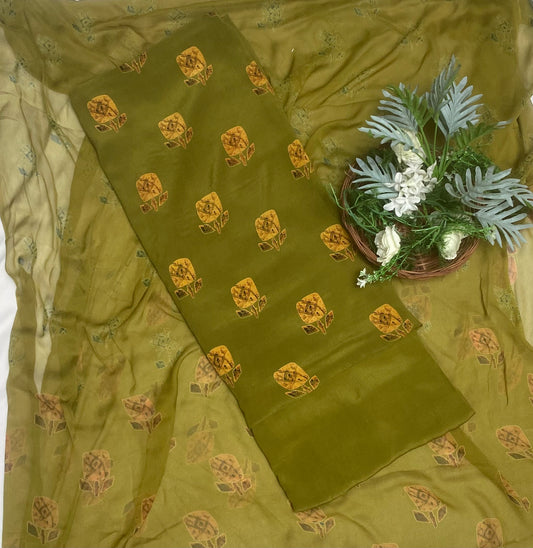 Crepe Mehndi Green Suit Fabric / Phoolon Ka Ghar
