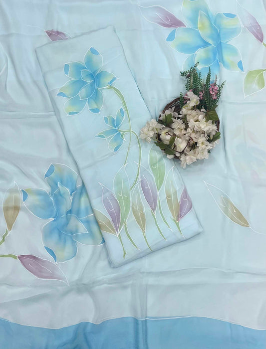 290A Chiffon Sky Blue Suit Fabric/ CKC Hand Painted Suits