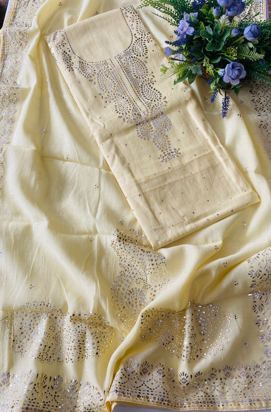 Mul Chanderi Yellow Suit Fabric/ Lakhnavi Suits Collection