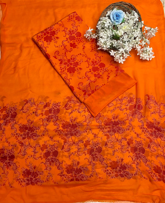 Crepe Orange Suit Fabric / Phoolon Ka Ghar
