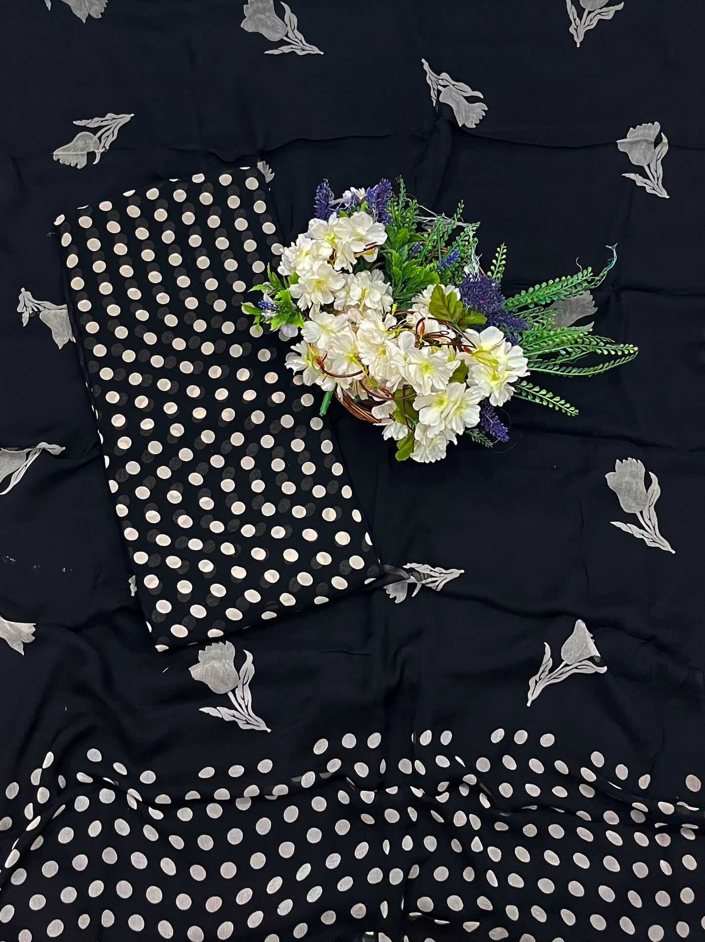 371A Georgette Polka Black Suit Fabric / CKC Polka Story