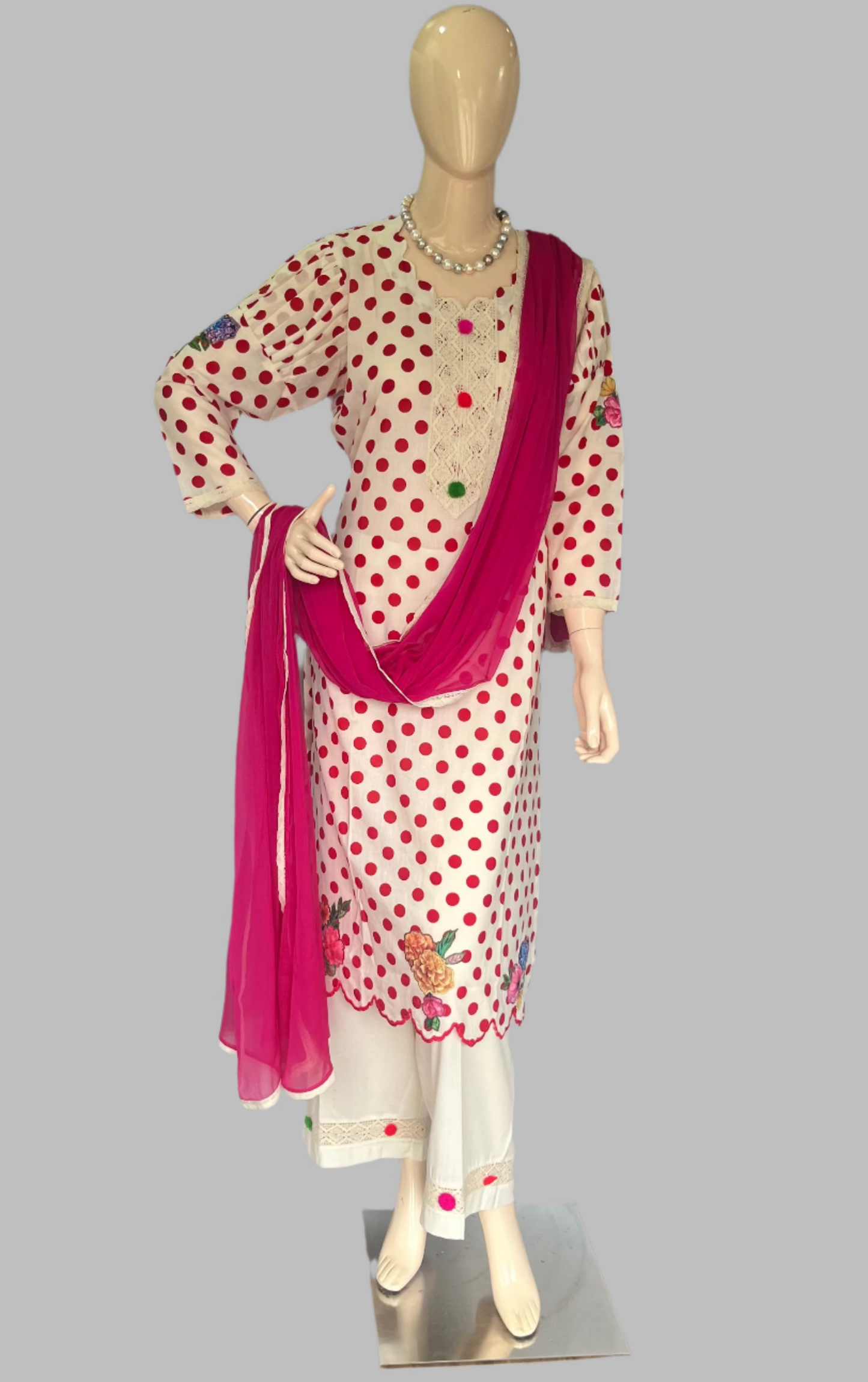 Cotton Cream With Red Stitched Suit / Polka Petals
