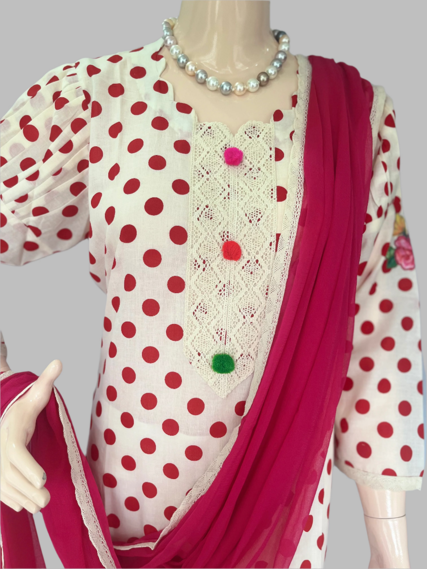 Cotton Cream With Red Stitched Suit / Polka Petals
