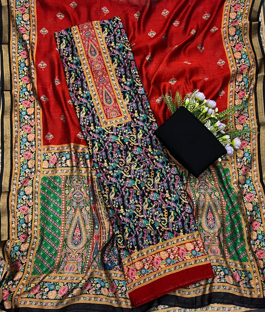 439A Maheshwari Black With Red Suit Fabric / CKC Maheshwari Suits