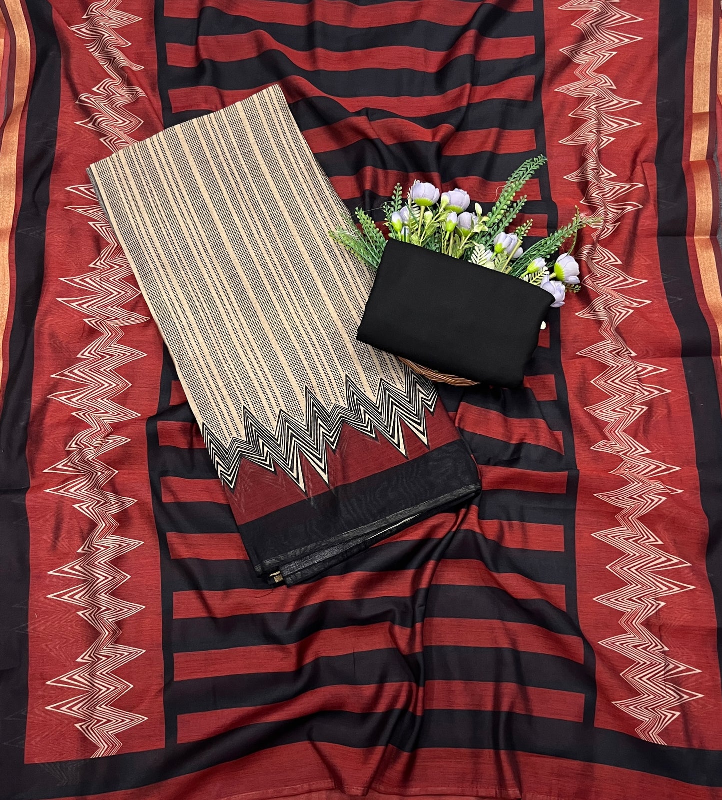 437A Maheshwari Beige With Red Suit Fabric / CKC Maheshwari Suits