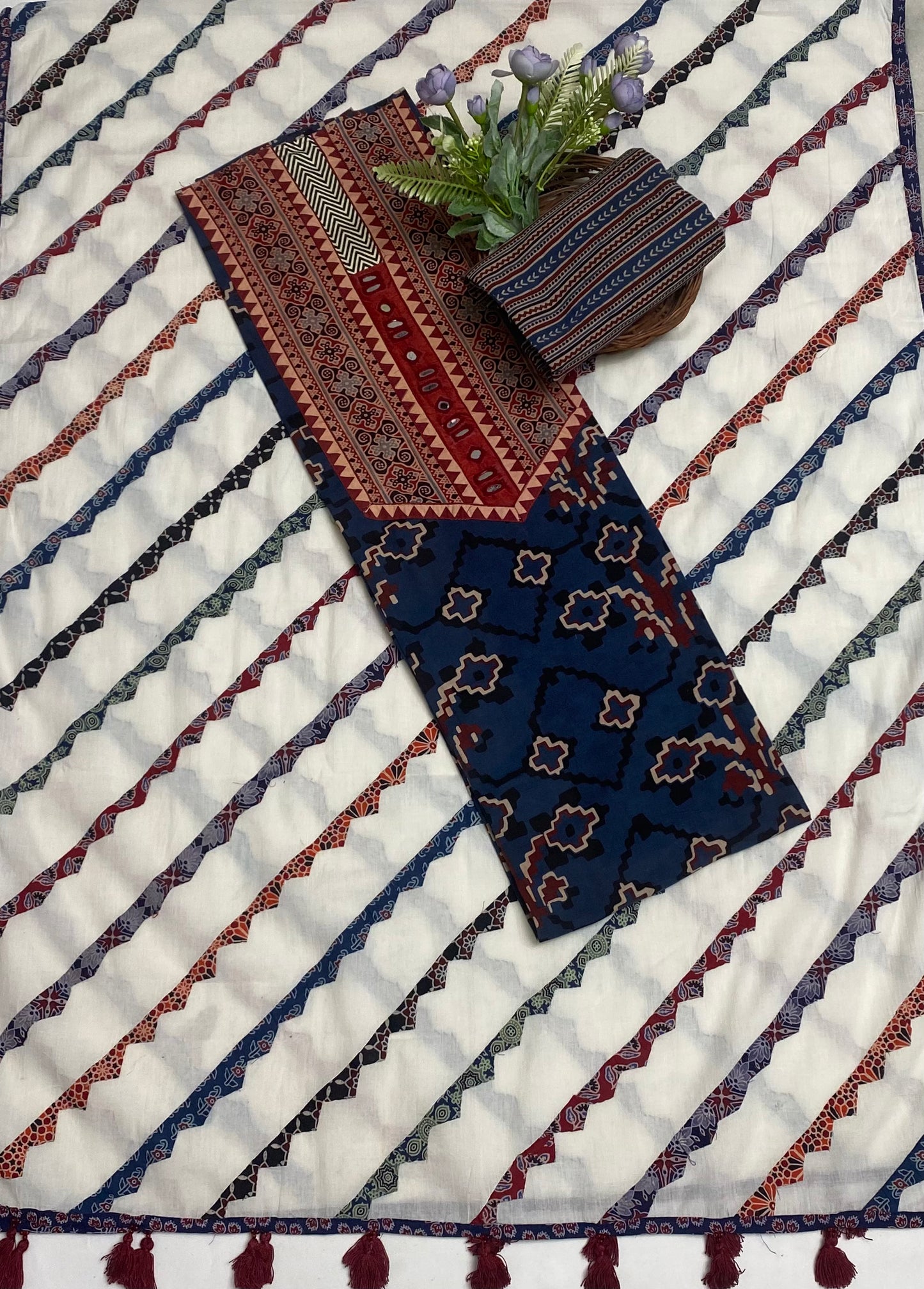 Jaipuri Cotton Navy Blue Suit Fabric / Jaipuri Suits