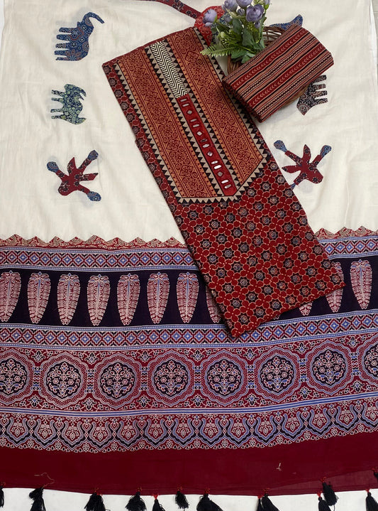 Jaipuri Cotton Maroon Suit Fabric / Jaipuri Suits