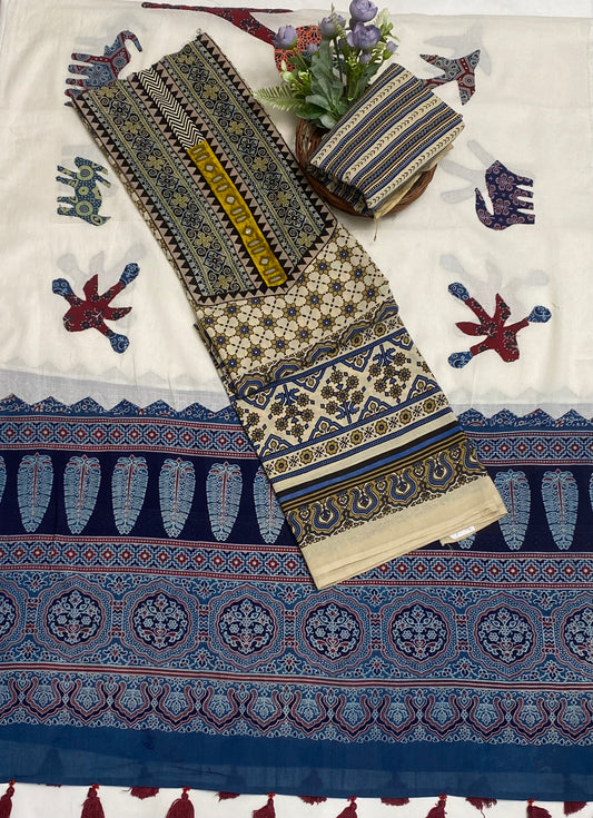 Jaipuri Cotton Cream Suit Fabric / Jaipuri Suits