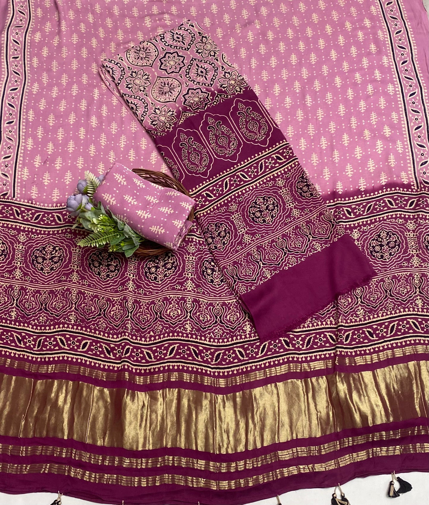 Gaji Silk Lilac With Dark Lilac Suit Fabric / Jaipuri Suits