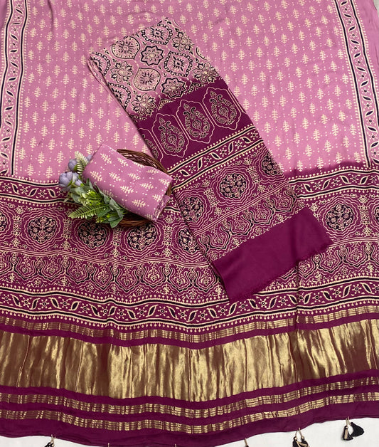 Gaji Silk Lilac With Dark Lilac Suit Fabric / Jaipuri Suits