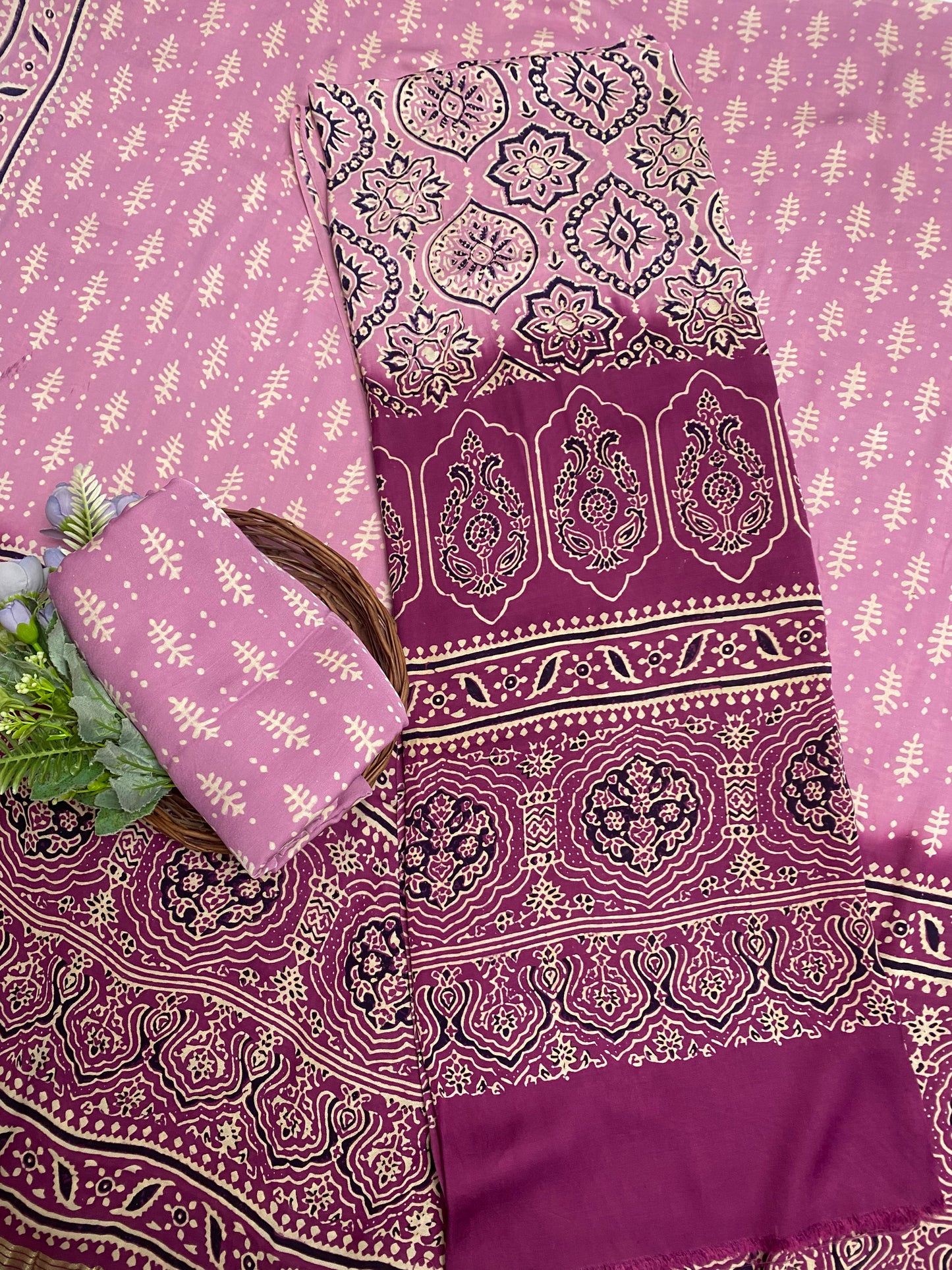 Gaji Silk Lilac With Dark Lilac Suit Fabric / Jaipuri Suits