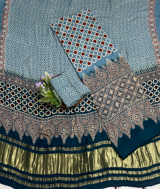 Gaji Silk Light Blue With Teal Blue Suit Fabric / Jaipuri Suits