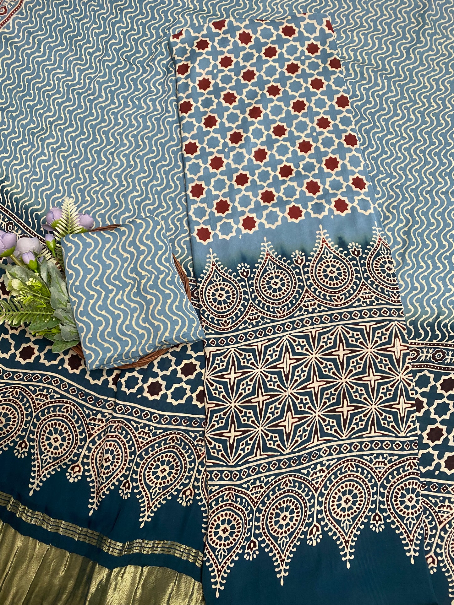 Gaji Silk Light Blue With Teal Blue Suit Fabric / Jaipuri Suits