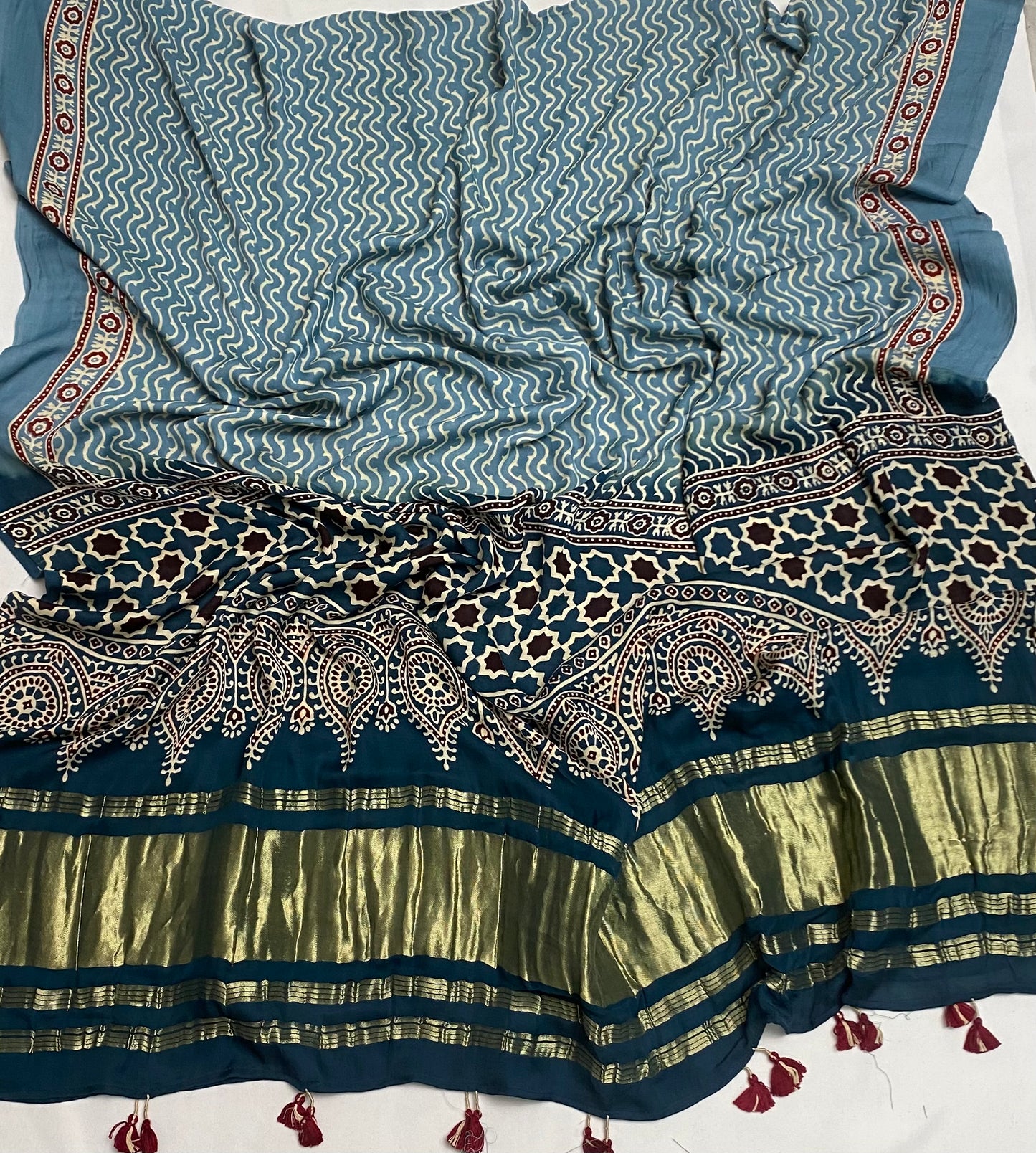 Gaji Silk Light Blue With Teal Blue Suit Fabric / Jaipuri Suits