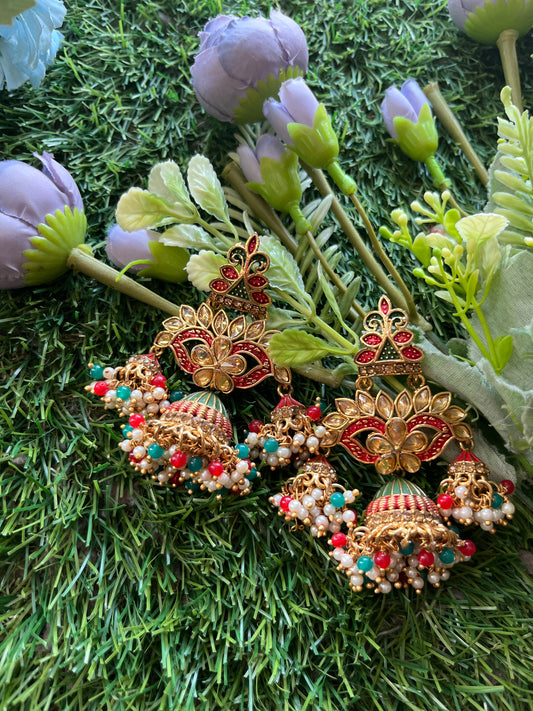 Meenakari Pink With Green Earings Set /CKC Jewels