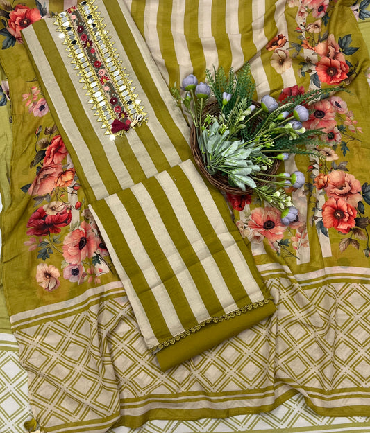 527A Mul Cotton Mehndi Green suit Fabric/ CKC Mul Cotton