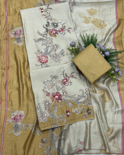 564A Muslin Beige With Dusty Mehndi Green Suit Fabric / CKC Muslin Suits