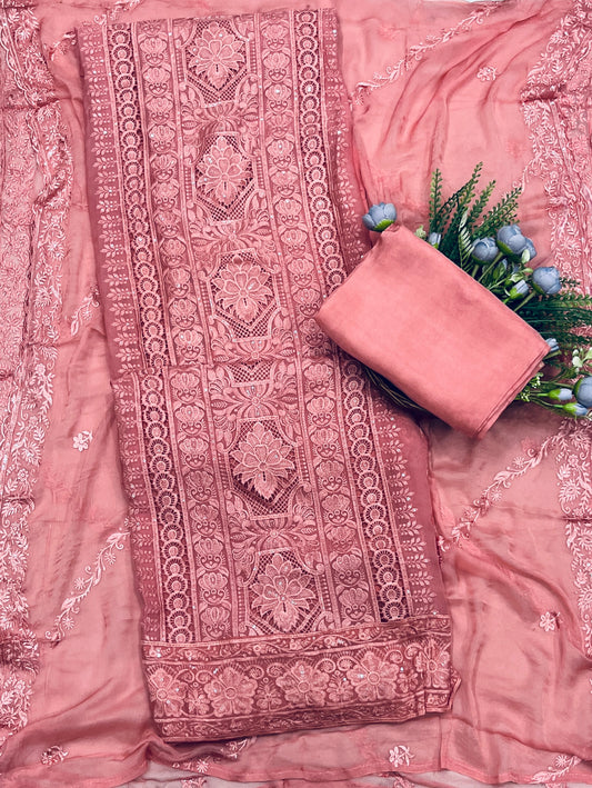 657A Lakhnavi Organza  Peach Suit Fabric / CKC Lakhnavi Suits