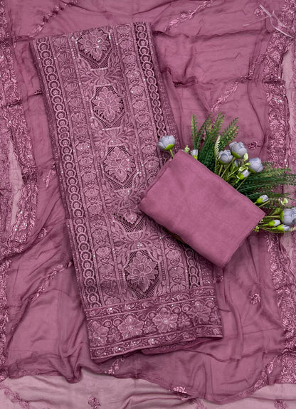 656A Lakhnavi Organza Duty Wine Suit Fabric / CKC Lakhnavi Suits